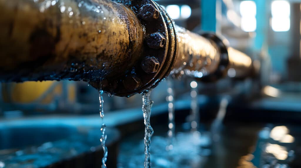 Leckendes Metallrohr mit austretendem Wasser an einer Rohrverbindung