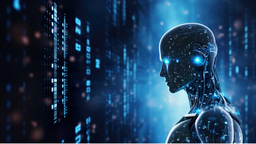 Futuristischer humanoider Roboter mit leuchtenden blauen Elementen vor digitalem Datenhintergrund