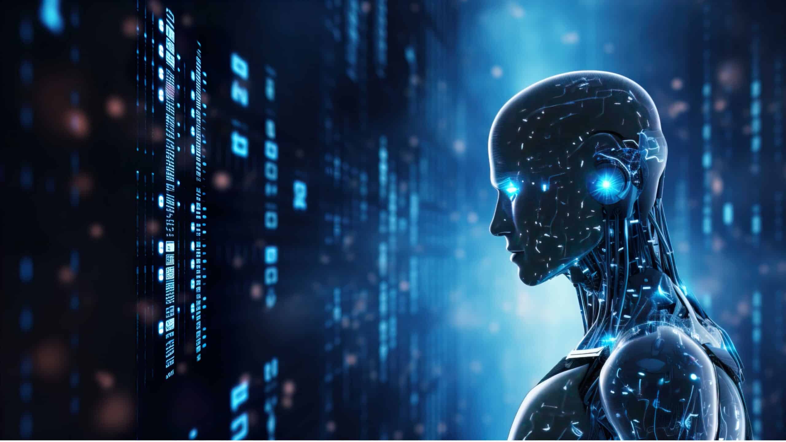 Futuristischer humanoider Roboter mit leuchtenden blauen Elementen vor digitalem Datenhintergrund