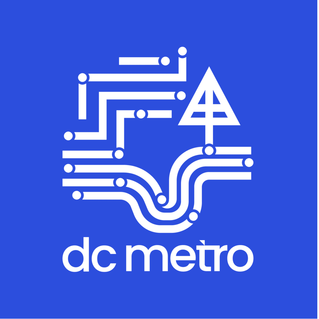 Stylisiertes Metro-Symbol mit verbundenen Linien und Stationen sowie einem Pfeil in Form eines Dreiecks.