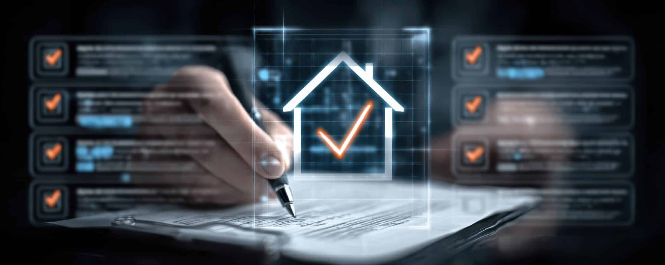 Hand unterzeichnet ein Dokument mit digitalem Haussymbol und Prüfhaken