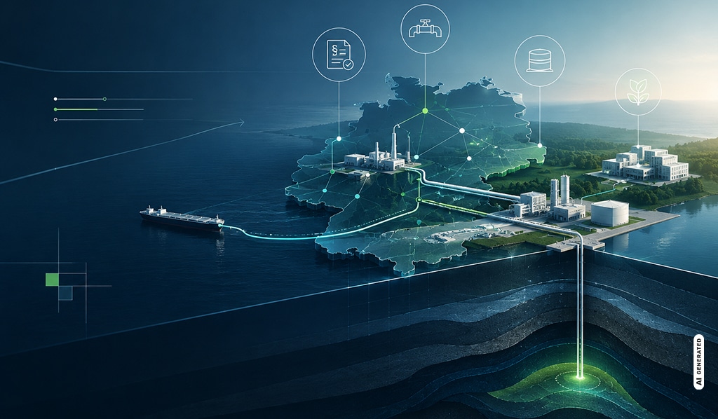 Abstrakte Darstellung der CO₂-Infrastruktur in Deutschland mit vernetzten Industrieanlagen, Transportleitungen und unterirdischer CO₂-Speicherung.